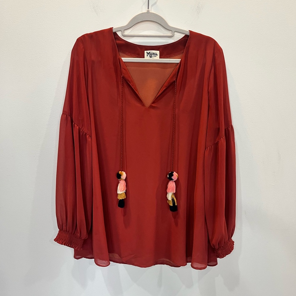Show Me Your Mumu Long Sleeve V-Neck Blouse Top Size Large w/ Colorful Tassels